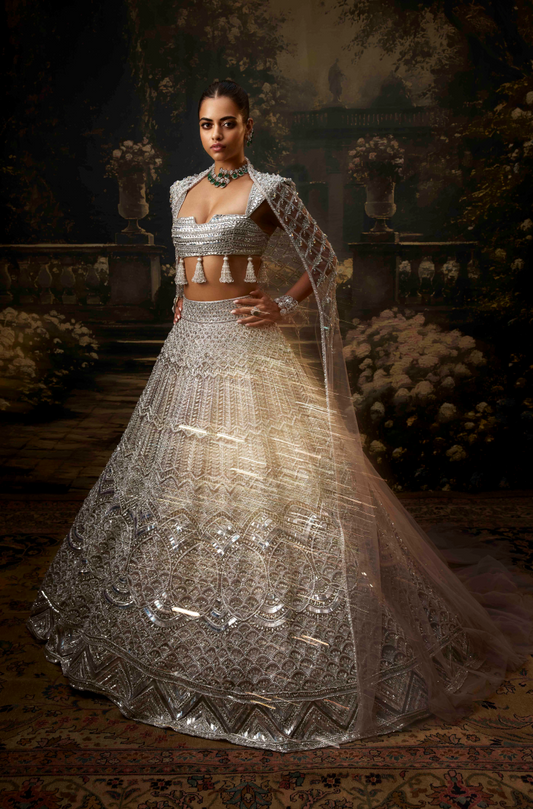 Grey Organza Silver Embroidered Lehenga Set