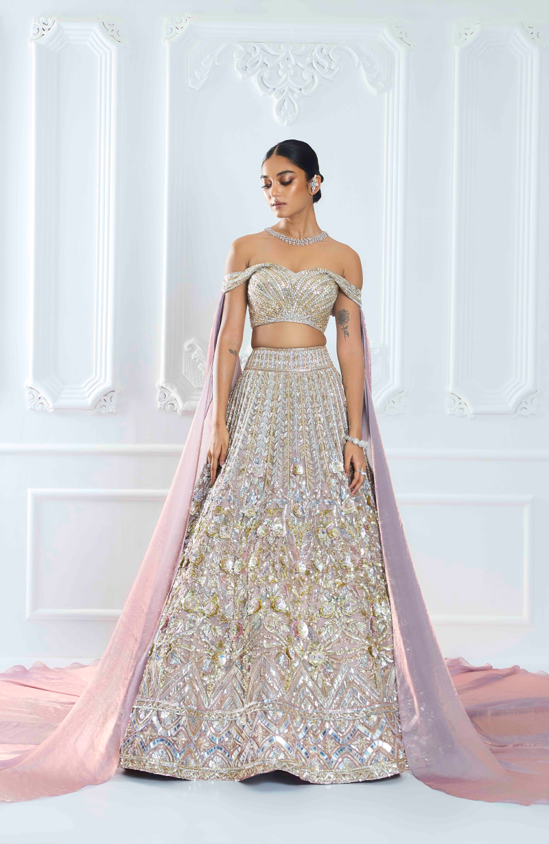 Mauve Organza 3D Flower Sequin Lehenga Set