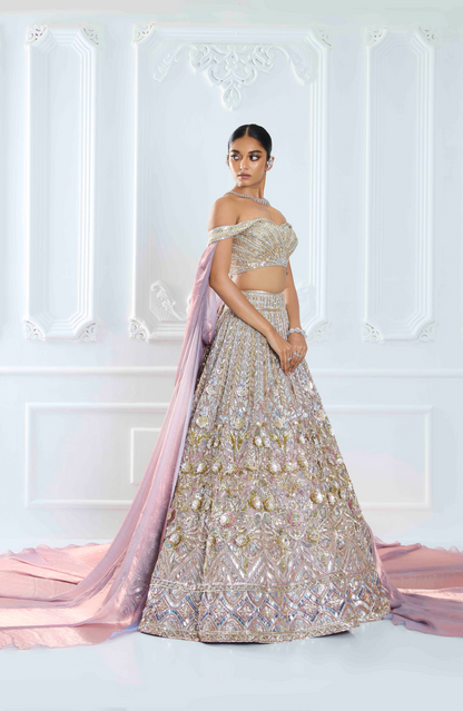 Mauve Organza 3D Flower Sequin Lehenga Set