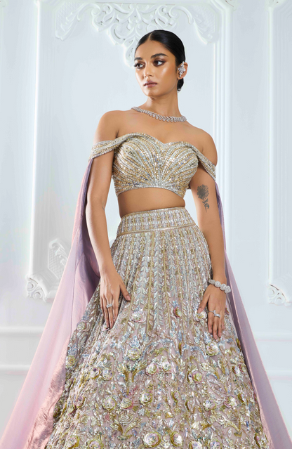 Mauve Organza 3D Flower Sequin Lehenga Set