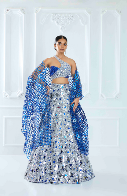 Electric Blue & Silver Acrylic Net Lehenga Set