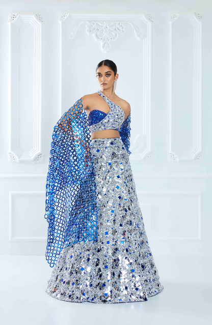 Electric Blue & Silver Acrylic Net Lehenga Set