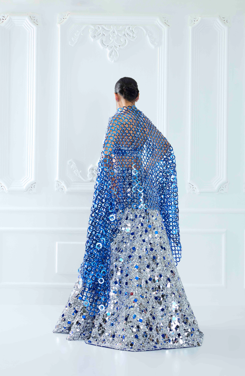 Electric Blue & Silver Acrylic Net Lehenga Set