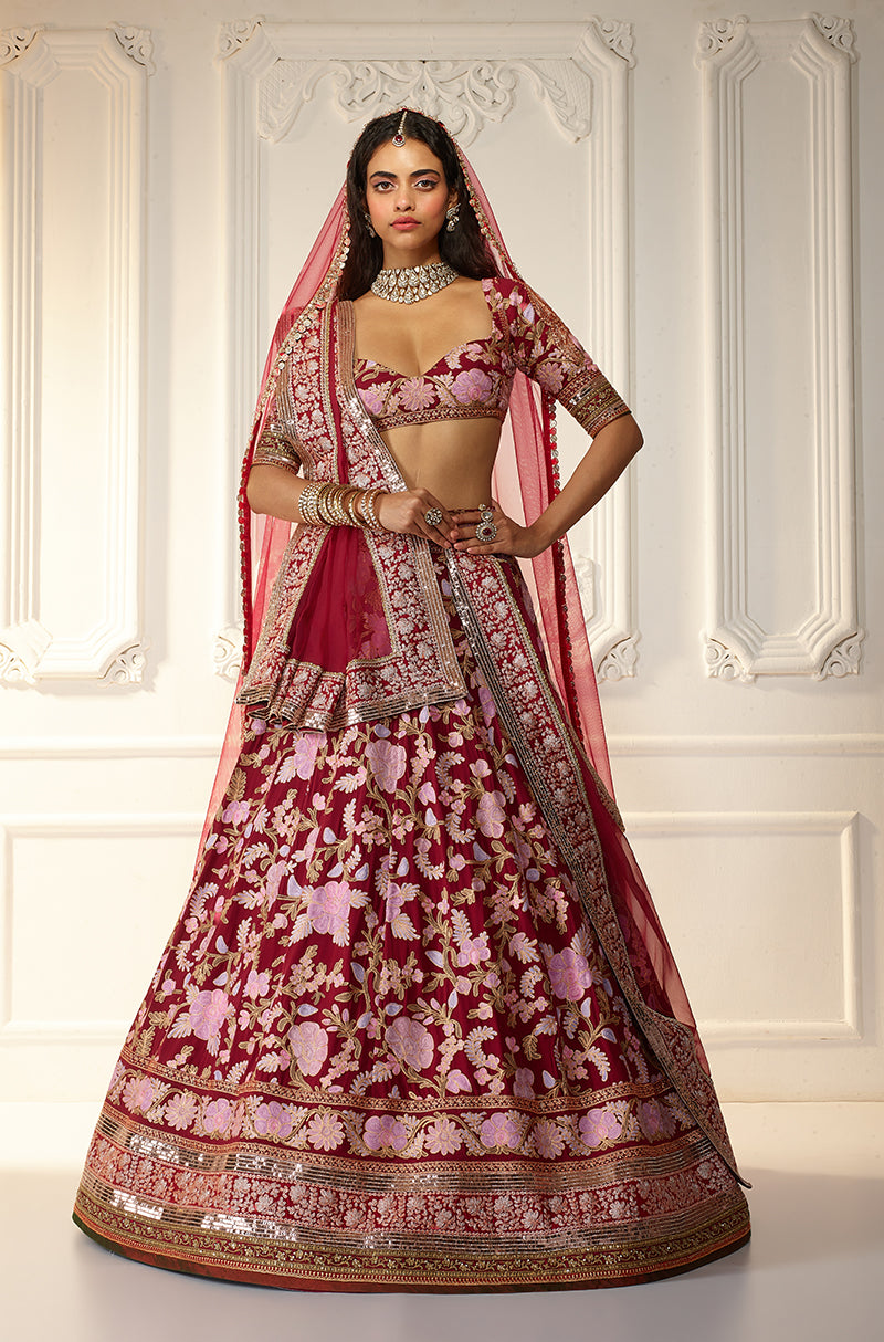 Deep Red Kashmiri Embroidered Lehenga Set