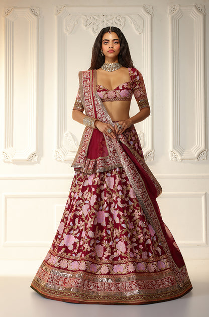 Deep Red Kashmiri Embroidered Lehenga Set