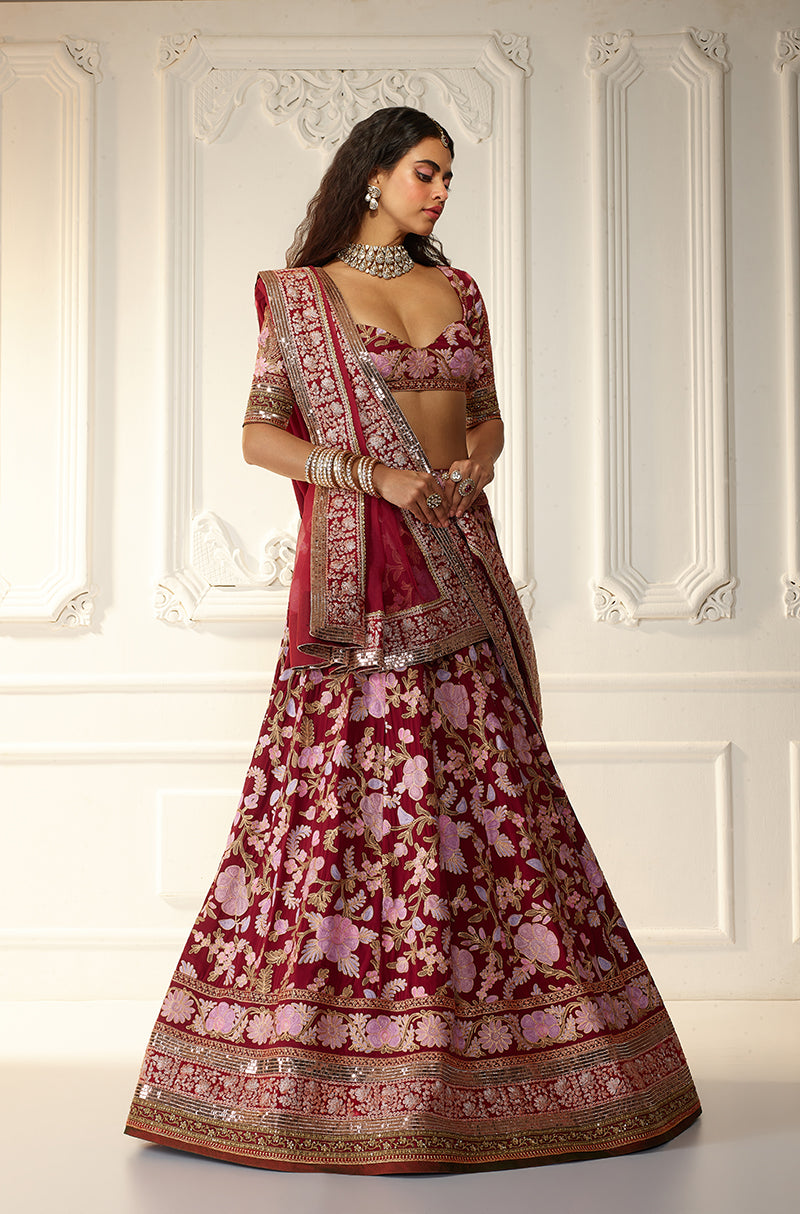 Deep Red Kashmiri Embroidered Lehenga Set