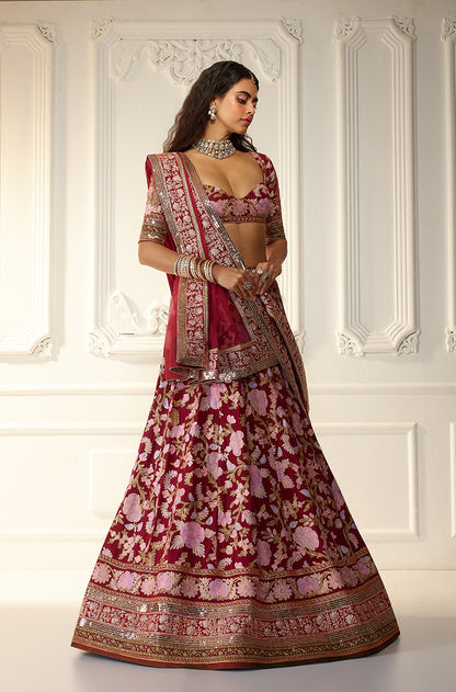Deep Red Kashmiri Embroidered Lehenga Set