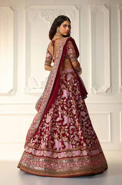 Deep Red Kashmiri Embroidered Lehenga Set