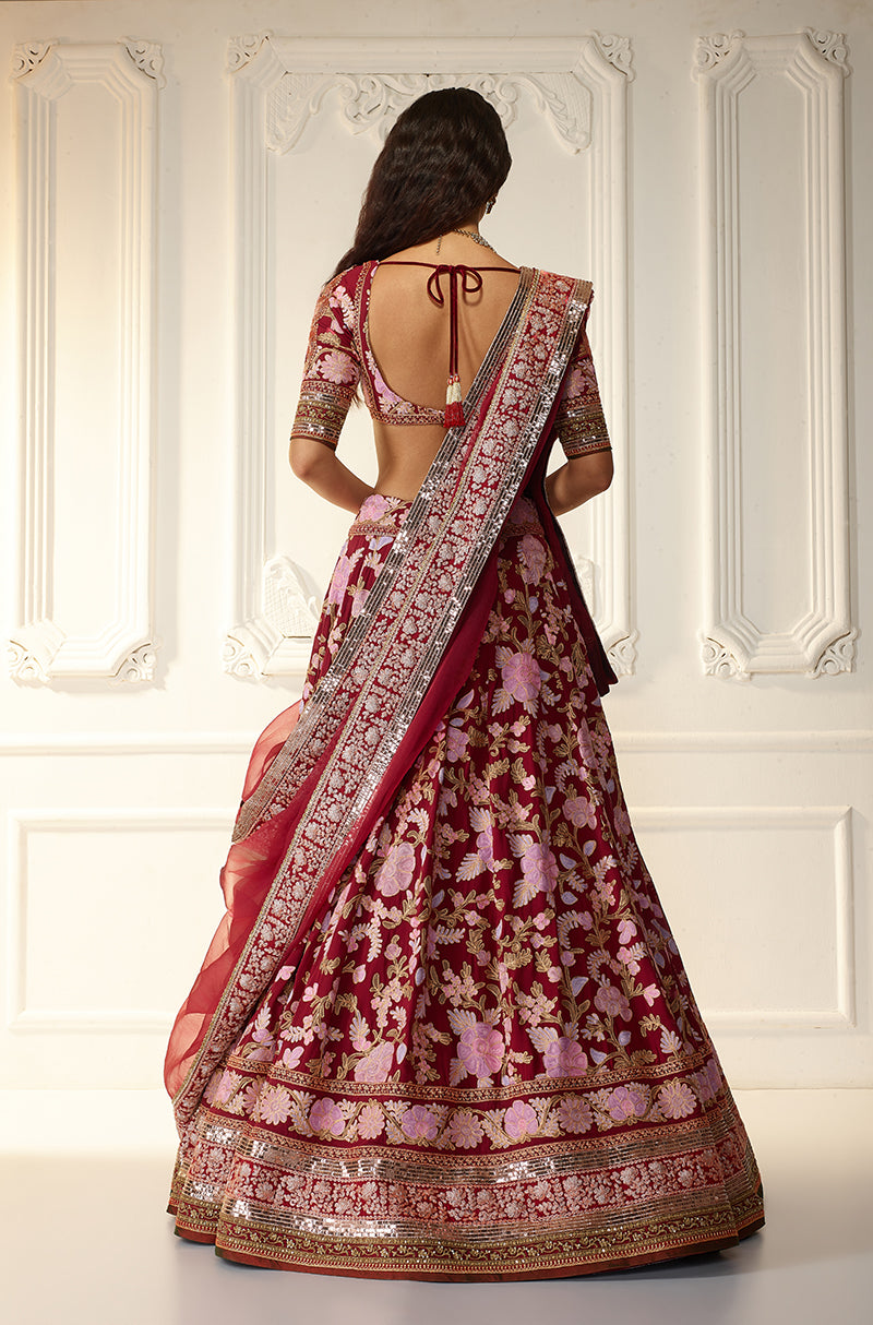 Deep Red Kashmiri Embroidered Lehenga Set