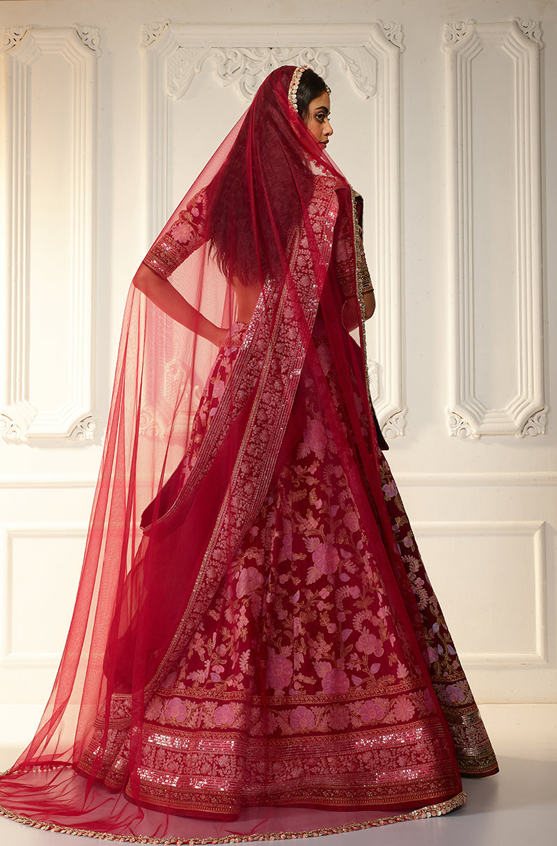Deep Red Kashmiri Embroidered Lehenga Set