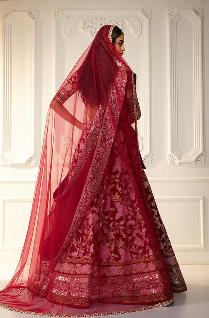 Deep Red Kashmiri Embroidered Lehenga Set