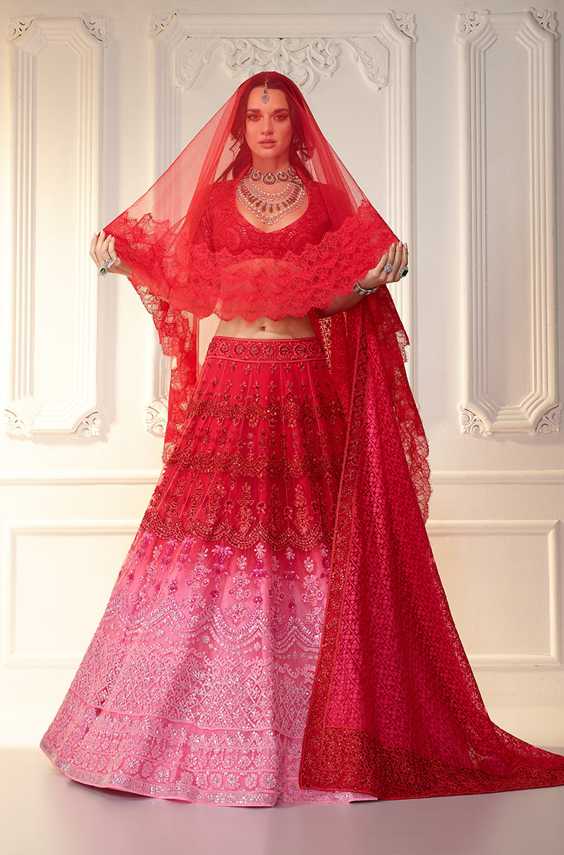 Red To Pink Ombré Chikankari Mijwan 
Embroidered Lehenga Set