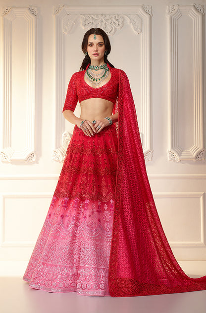 Red To Pink Ombré Chikankari Mijwan 
Embroidered Lehenga Set