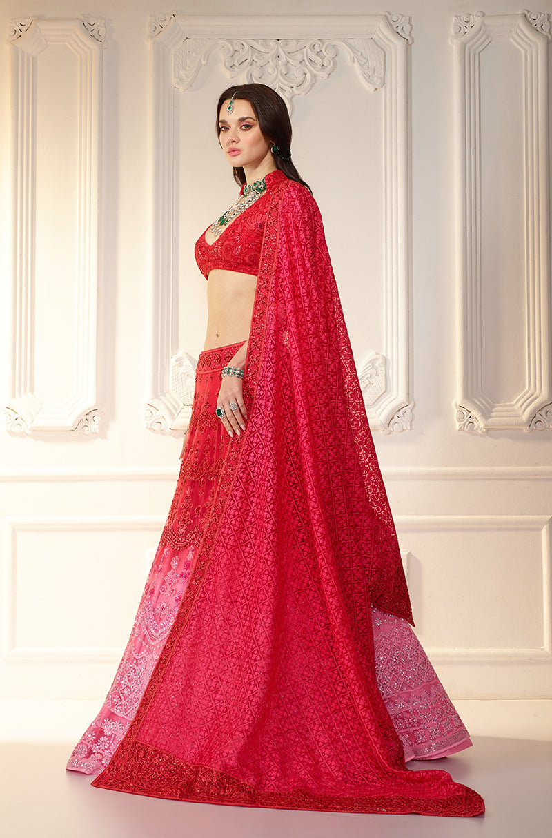 Red To Pink Ombré Chikankari Mijwan 
Embroidered Lehenga Set