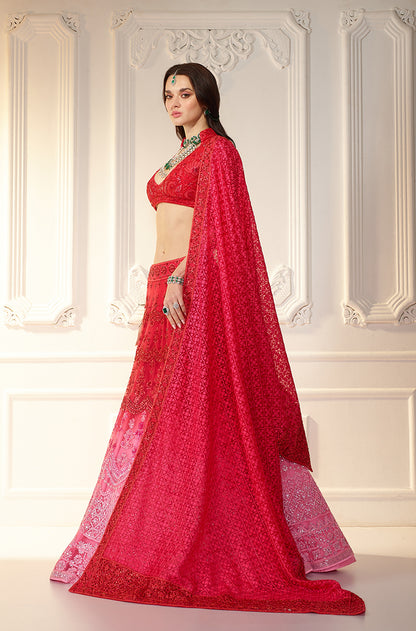Red To Pink Ombré Chikankari Mijwan 
Embroidered Lehenga Set