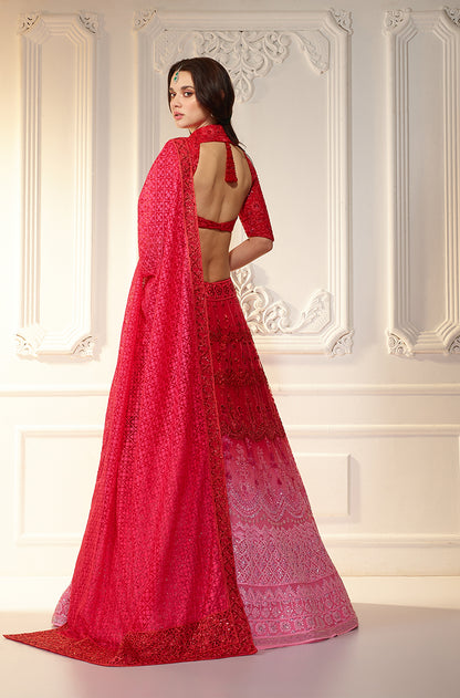 Red To Pink Ombré Chikankari Mijwan 
Embroidered Lehenga Set