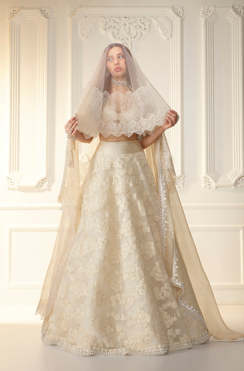 Ivory Floral Threadwork Organza Lehenga Set