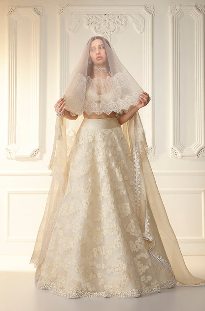 Ivory Floral Threadwork Organza Lehenga Set
