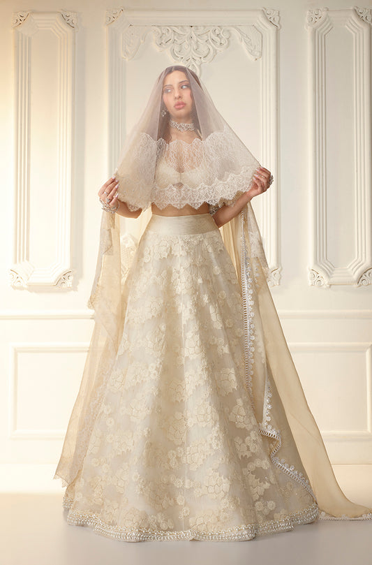 Ivory Floral Threadwork Organza Lehenga Set
