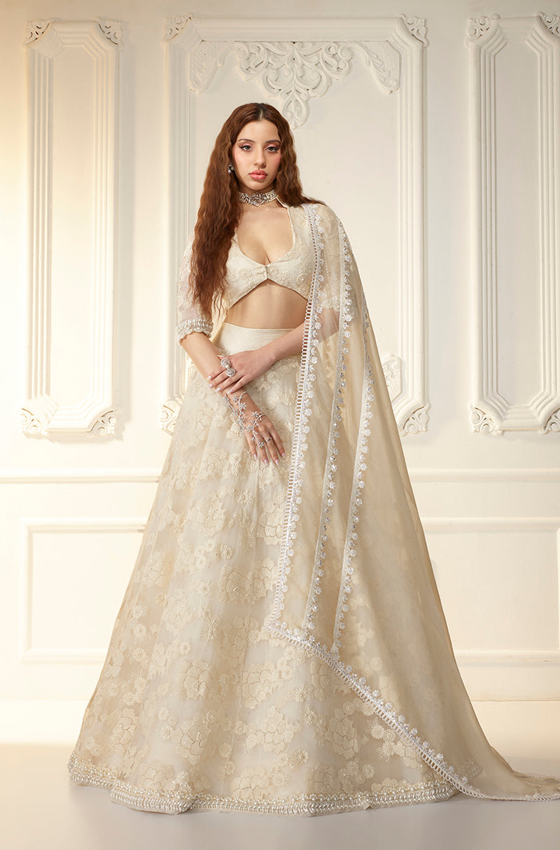 Ivory Floral Threadwork Organza Lehenga Set