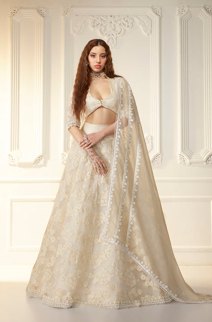 Ivory Floral Threadwork Organza Lehenga Set