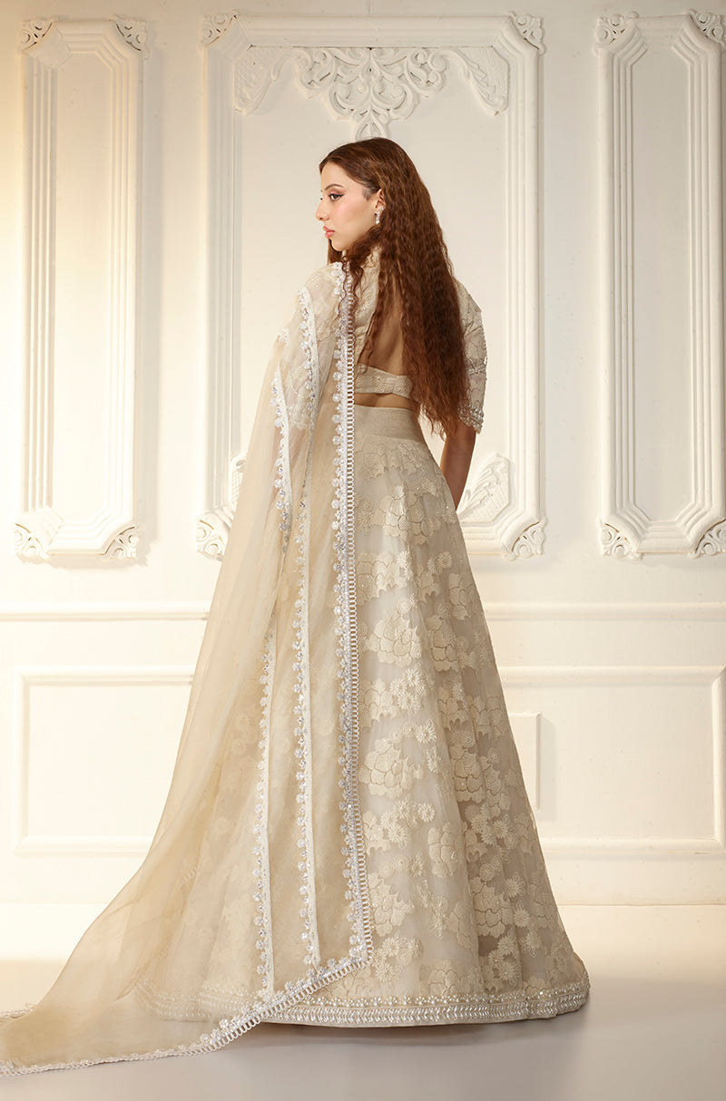 Ivory Floral Threadwork Organza Lehenga Set
