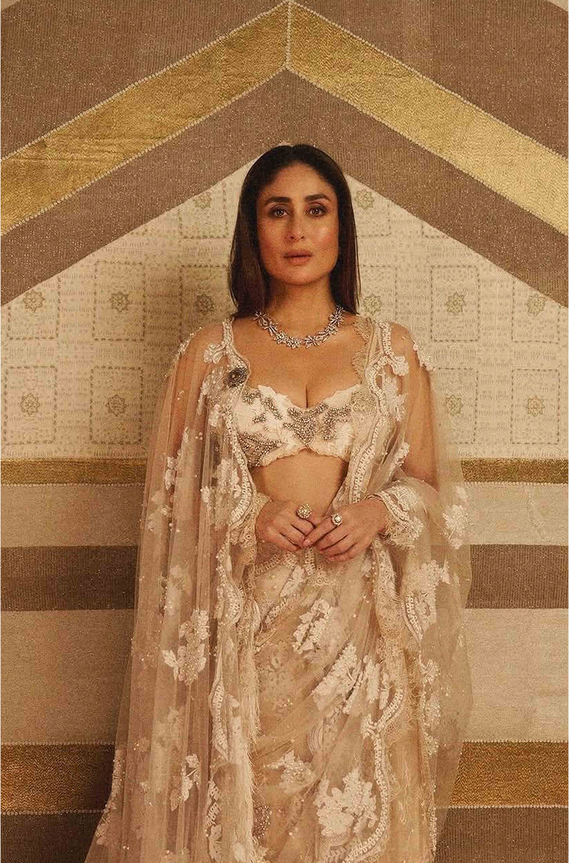 Kareena Kapoor Khan in our Nude Embroidered Draped Saree Set