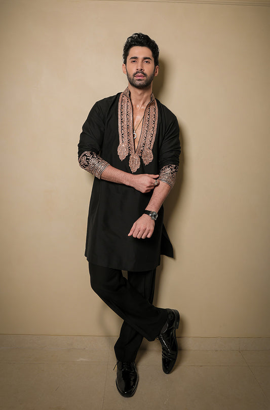 Lakshya Lalwani in our Black & Gold Tilla Placket Kurta Set