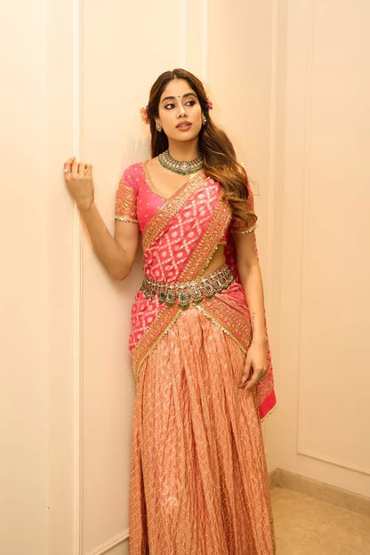 Janhvi Kapoor in our Pink Pattu Pavadai Saree Skirt Set