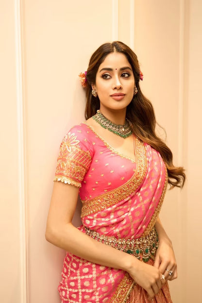 Janhvi Kapoor in our Pink Pattu Pavadai Saree Skirt Set