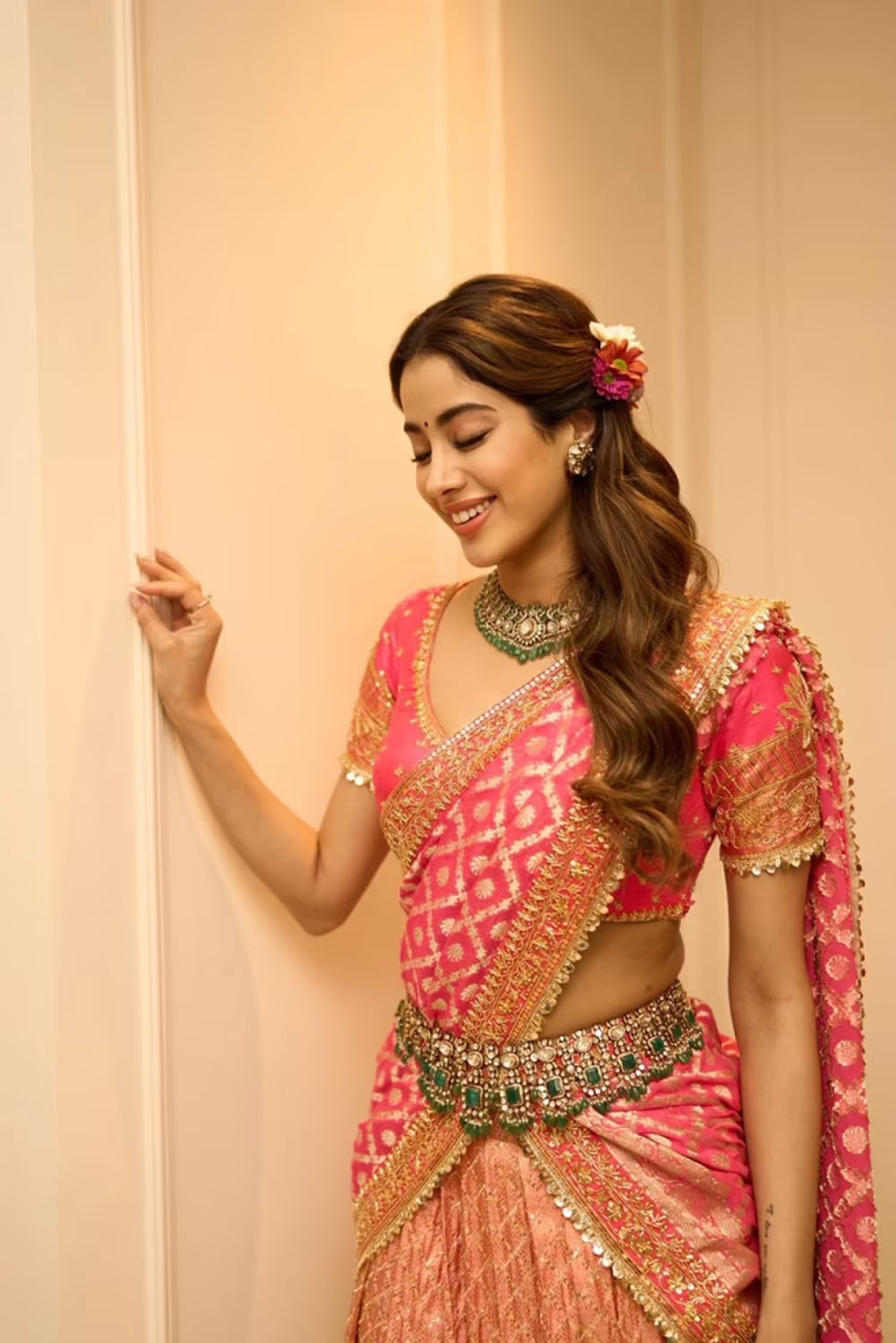 Janhvi Kapoor in our Pink Pattu Pavadai Saree Skirt Set