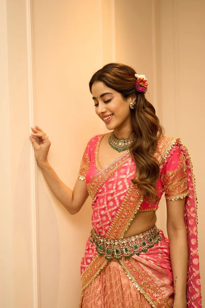 Janhvi Kapoor in our Pink Pattu Pavadai Saree Skirt Set