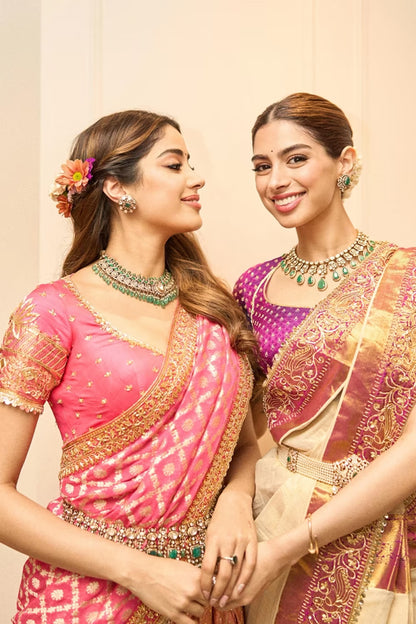 Janhvi Kapoor in our Pink Pattu Pavadai Saree Skirt Set