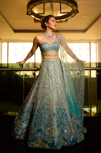 Priyanka Chopra in our Ice Aqua Lehenga Set