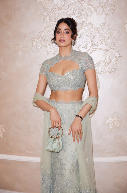 Janhvi Kapoor in our Mint Teal Custom Lace Hand Embroidered Lehenga Set