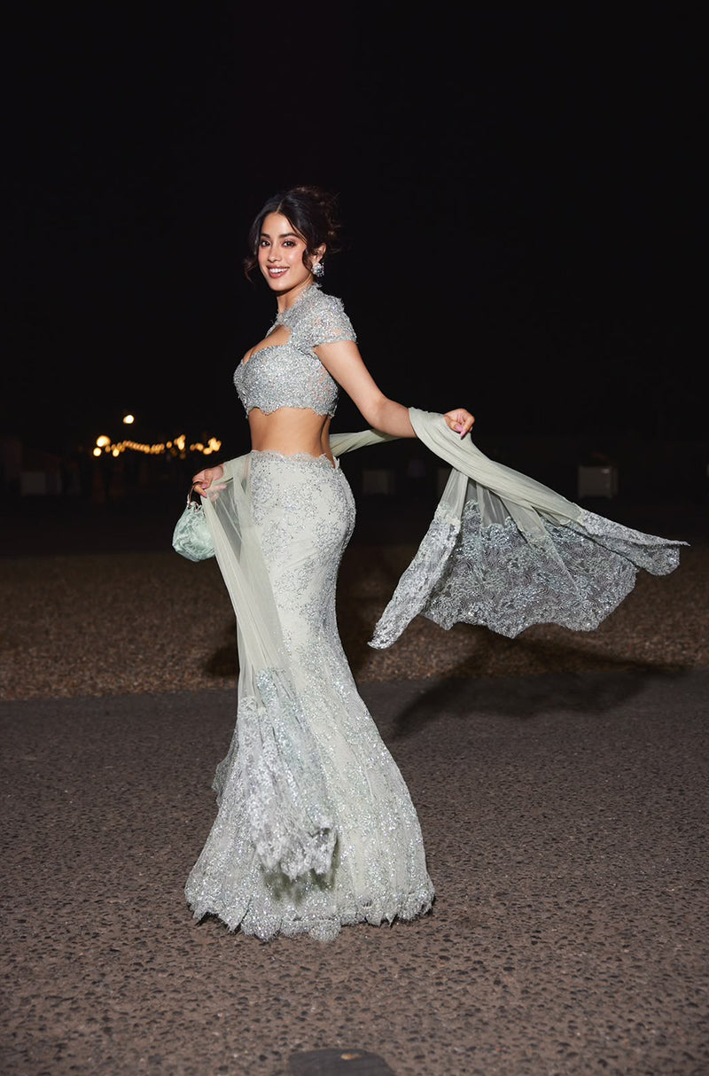 Janhvi Kapoor in our Mint Teal Custom Lace Hand Embroidered Lehenga Set