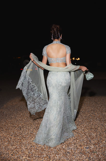 Janhvi Kapoor in our Mint Teal Custom Lace Hand Embroidered Lehenga Set