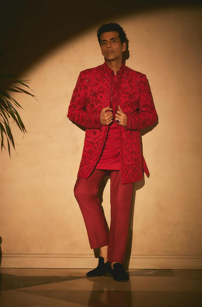 Karan Johar in our Red Floral Embroidered Sherwani Set