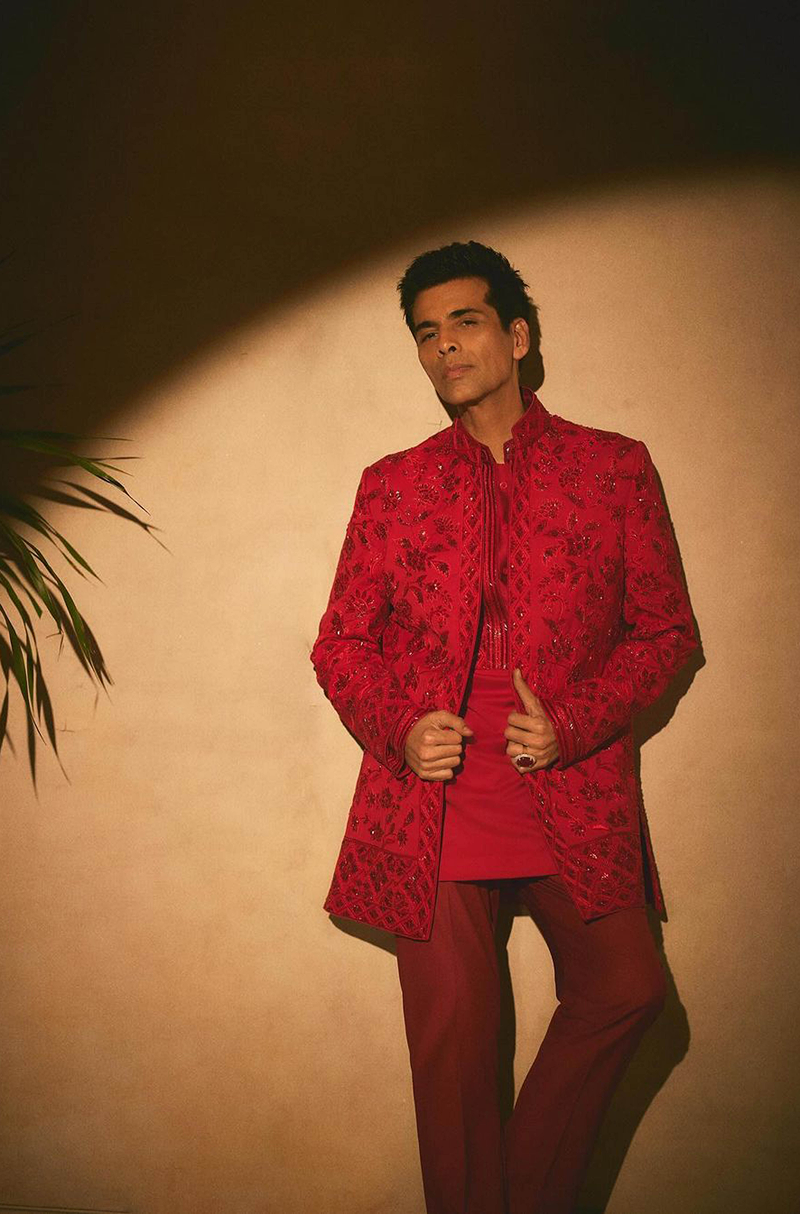 Karan Johar in our Red Floral Embroidered Sherwani Set