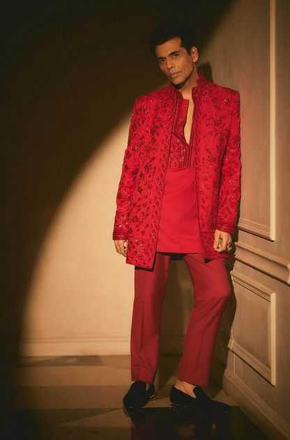 Karan Johar in our Red Floral Embroidered Sherwani Set
