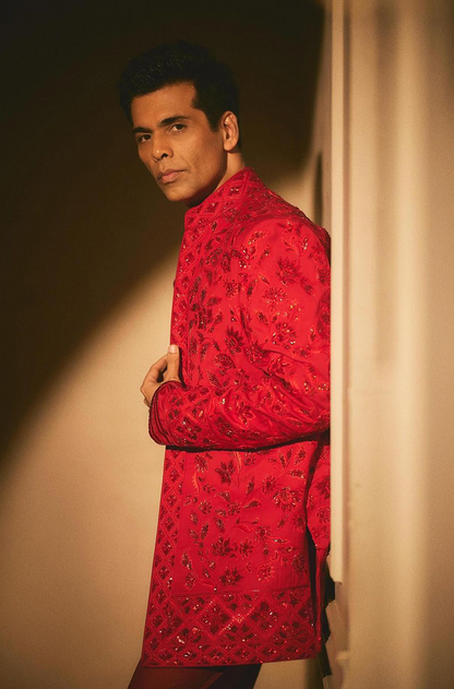 Karan Johar in our Red Floral Embroidered Sherwani Set