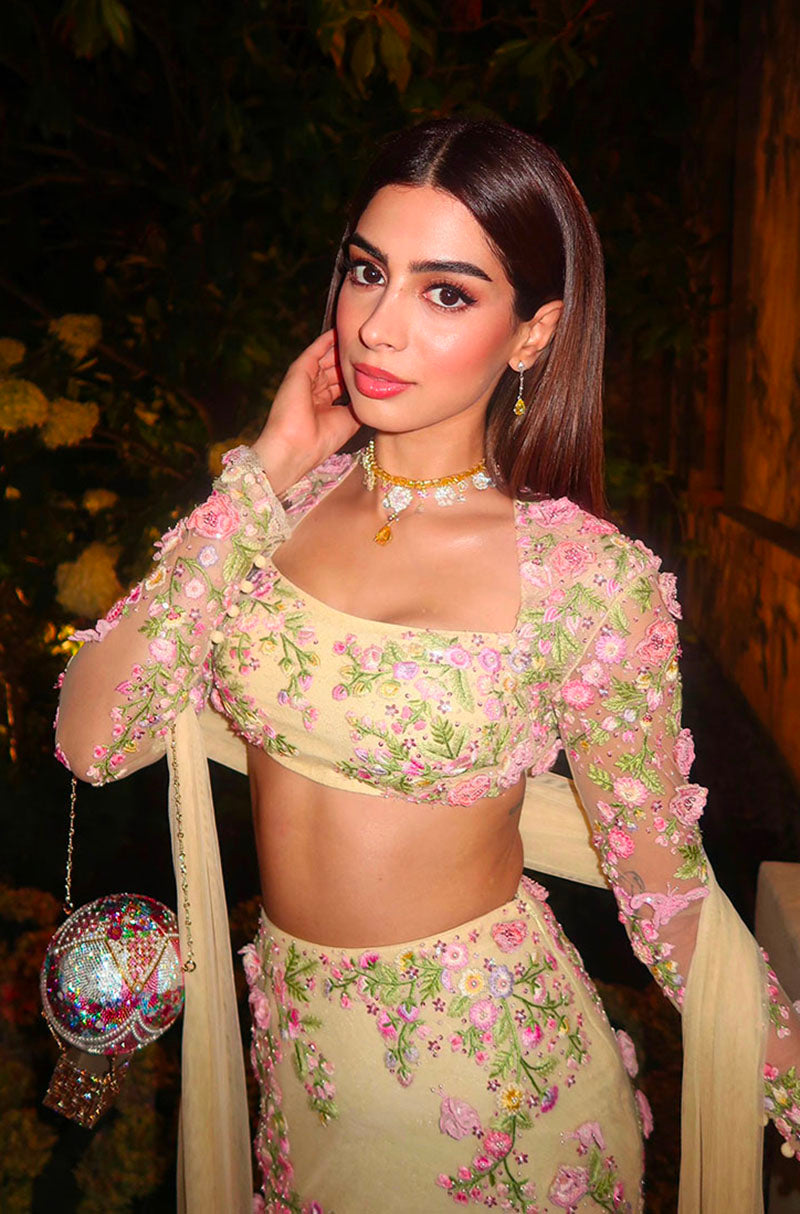 Khushi Kapoor in our Butter Yellow 3D Floral Embroidered Fishtail Skirt Set