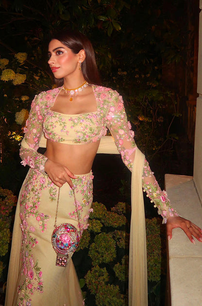 Khushi Kapoor in our Butter Yellow 3D Floral Embroidered Fishtail Skirt Set