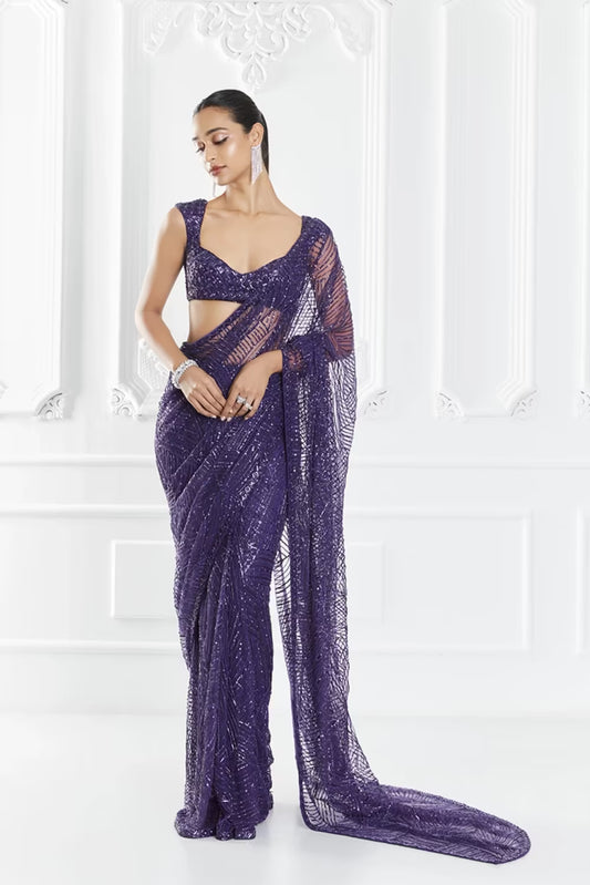 Violet Geometric Embellished Saree Set