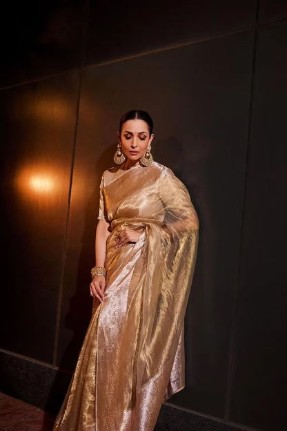 Malaika Arora in our Gold Woven Tissue Saree Set