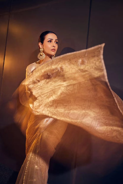 Malaika Arora in our Gold Woven Tissue Saree Set