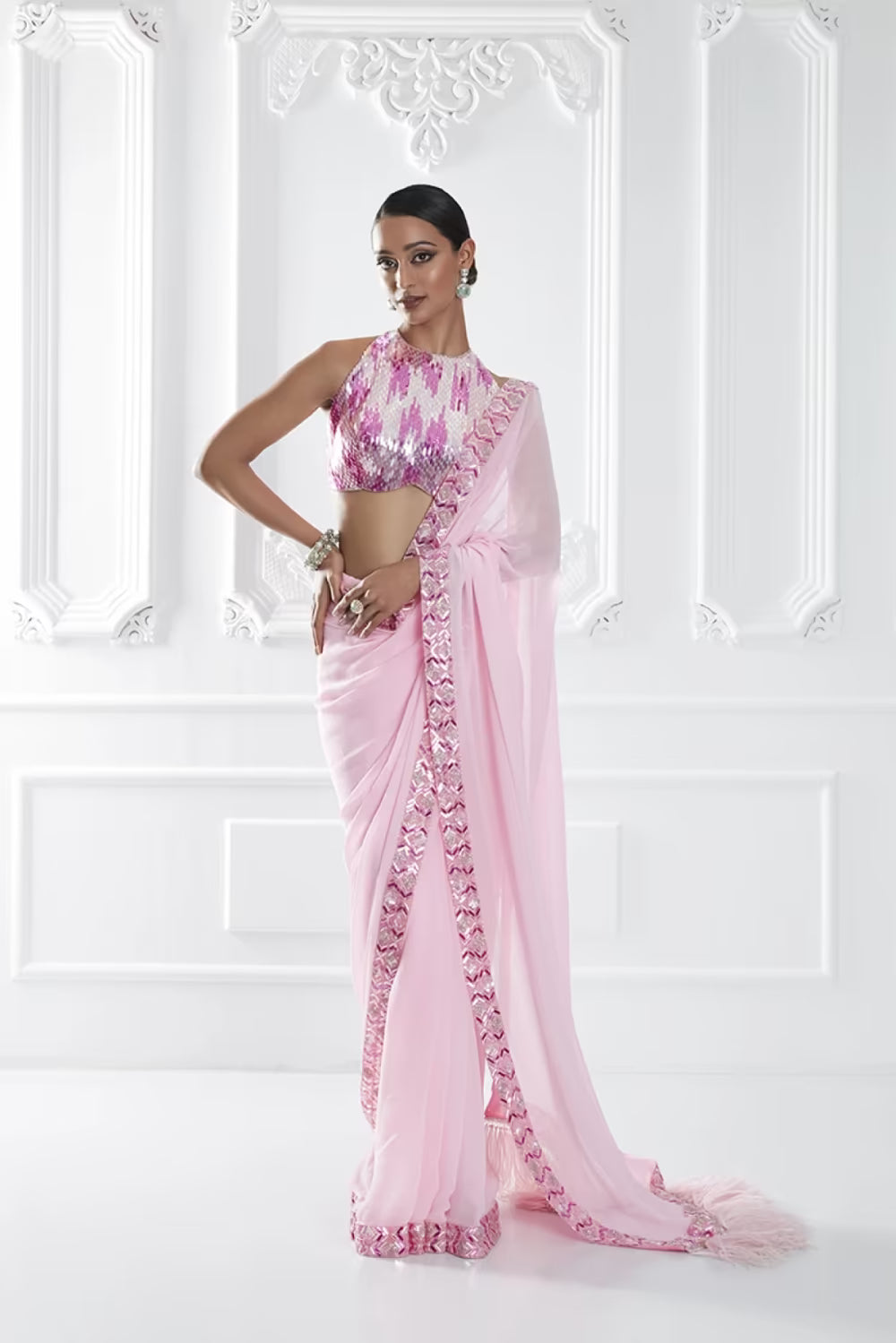 Pink Feather Embellished Saree Set