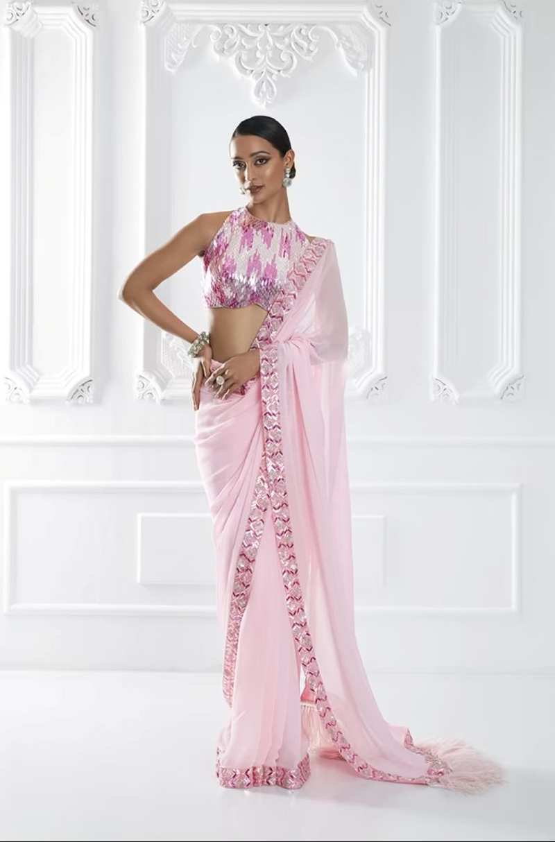 Pink Feather Embellished Saree Set