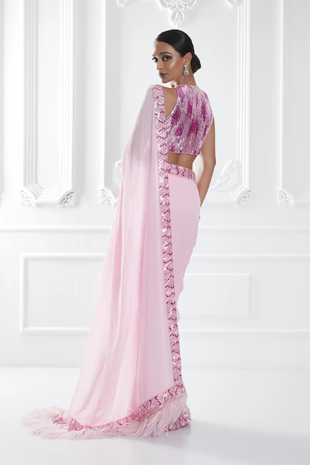 Pink Feather Embellished Saree Set