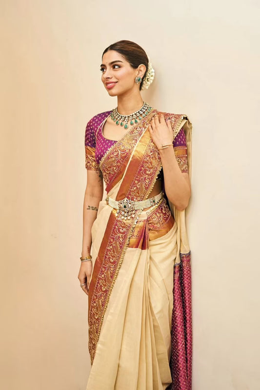 Khushi Kapoor in our Off White And Gold Kerala Saree Set